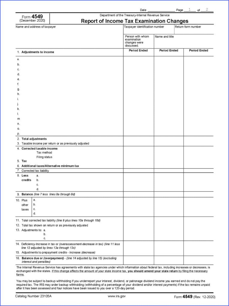 Page 1 of Form 4549, Report of Income Tax Examination Changes from IRS examination