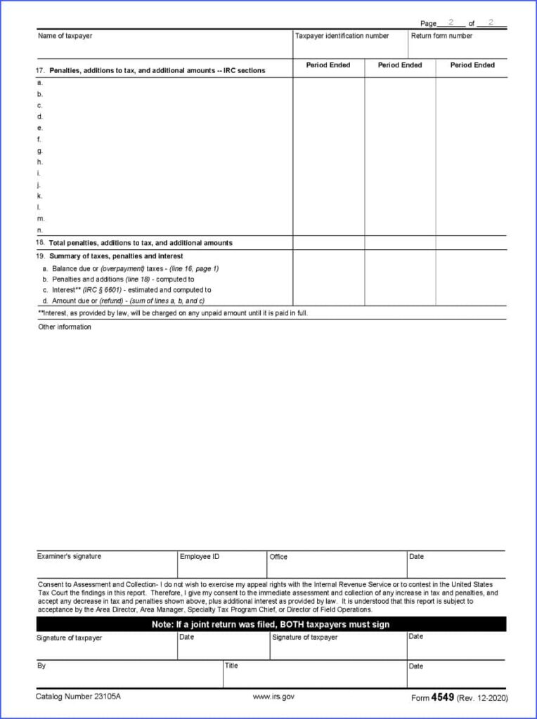 Page 2 of Form 4549 detailing specific adjustments and calculations from IRS examination.