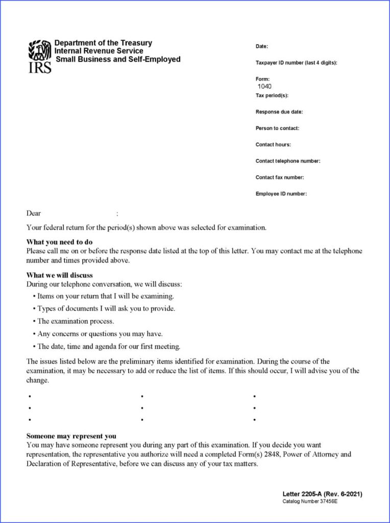 Page 1 of IRS Letter 2205-A notifying taxpayer of IRS examination