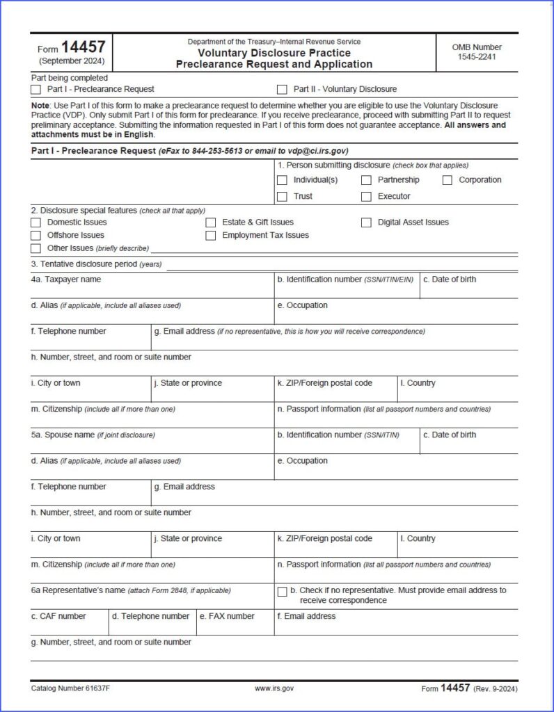 First page of IRS Form 14457 Part I - Preclearance Request, used for voluntary disclosure to determine eligibility for the IRS Voluntary Disclosure Practice.